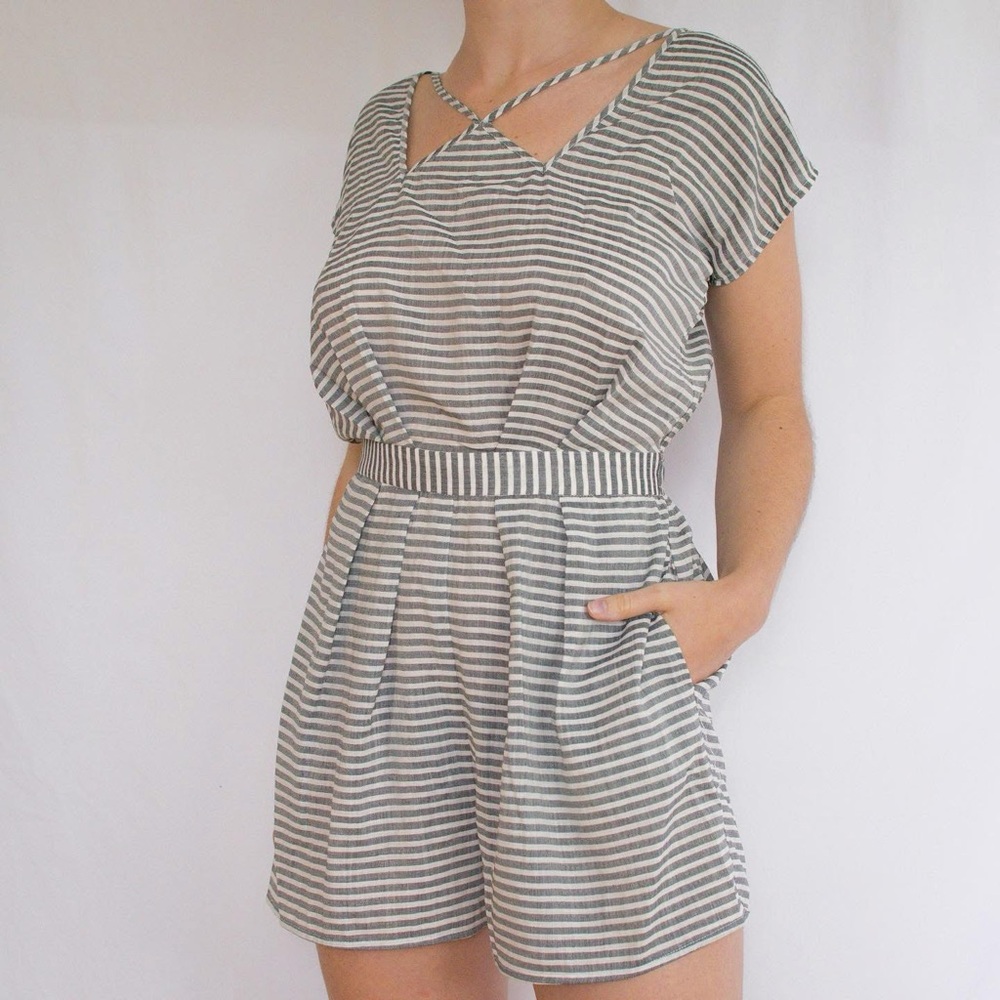 Striped Romper with Crossed Neckline